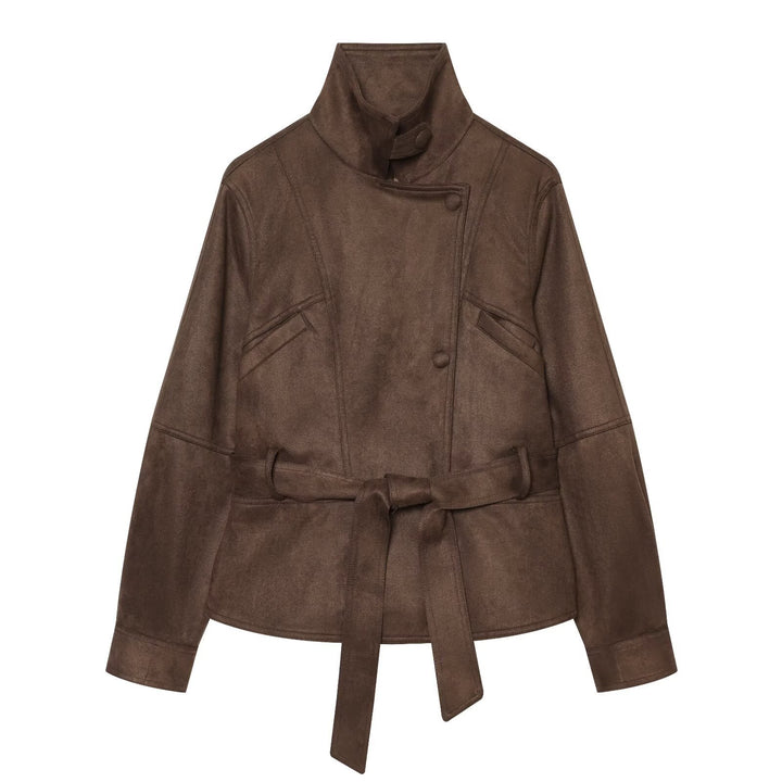 Women's tailored short jacket made of soft suede imitation with asymmetrical button placket and tie belt Amarae