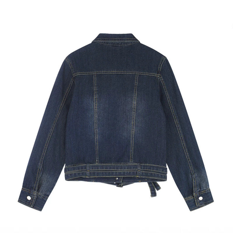 Ladies short denim jacket with waist belt, snap front and patch breast pockets Amarae