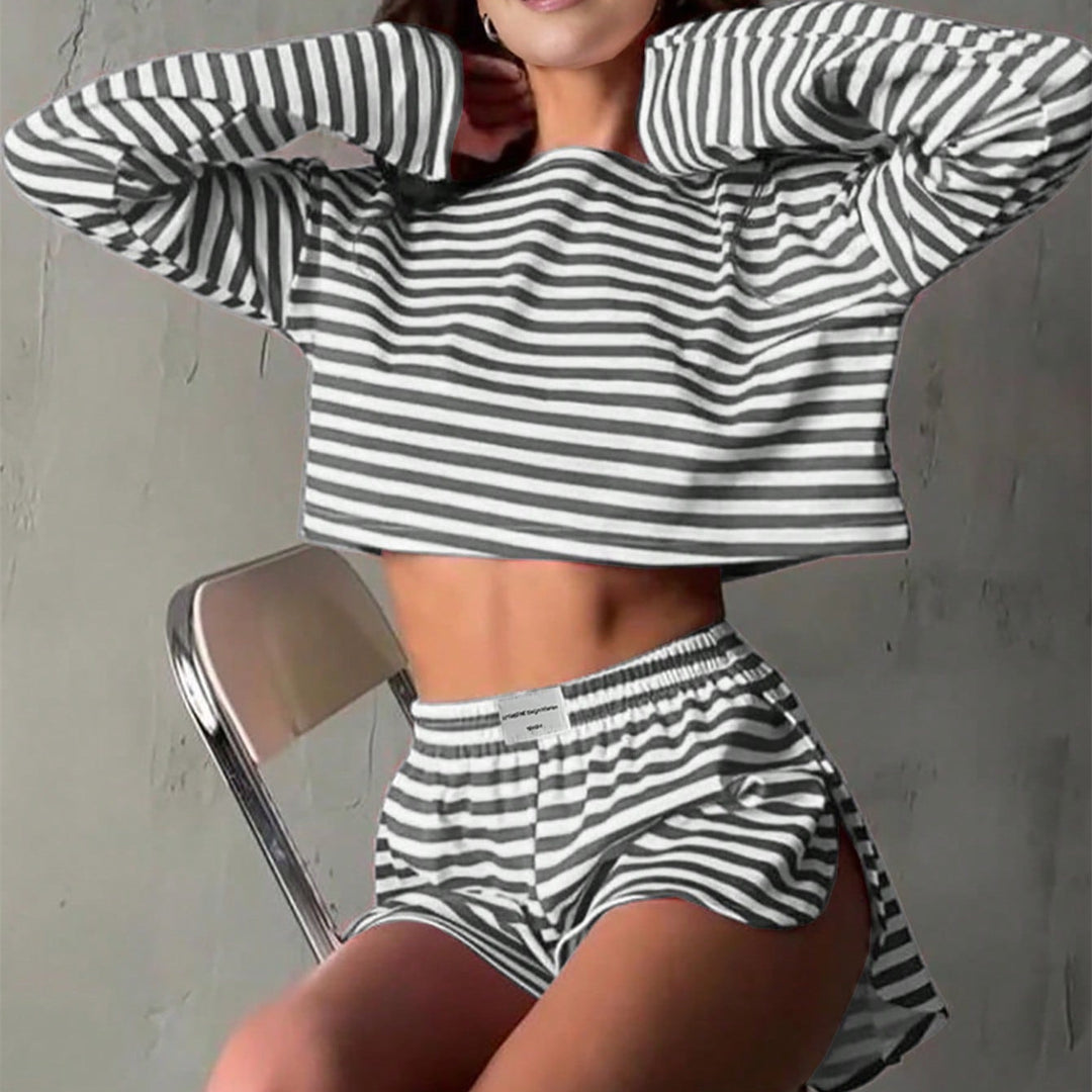 Casual striped set for women with cropped top and shorts Lune London