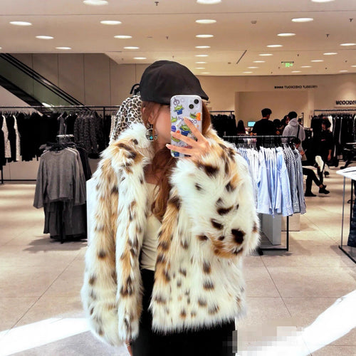 Ladies Leopard Print Plush Faux Fur Jacket Amarae