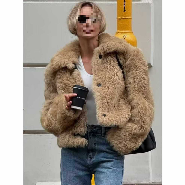 Ladies faux fur jacket with a casual design featuring large buttons Lune London