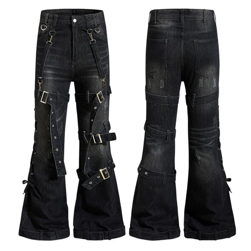 Women's Bondage-Flared-Jeans with decorative buckles, straps and used look Amarae