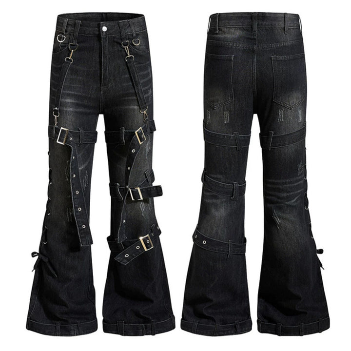 Women's Bondage-Flared-Jeans with decorative buckles, straps and used look Amarae