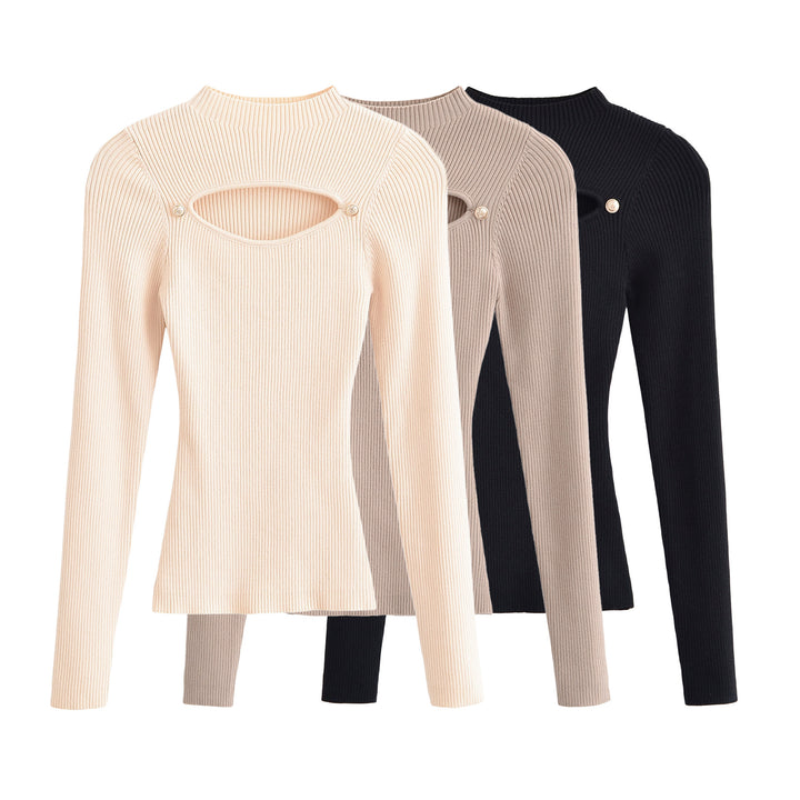 Women's Ribbed Stretch Fine Knit Sweater with Chest Cut-Out and Decorative Buttons Amarae