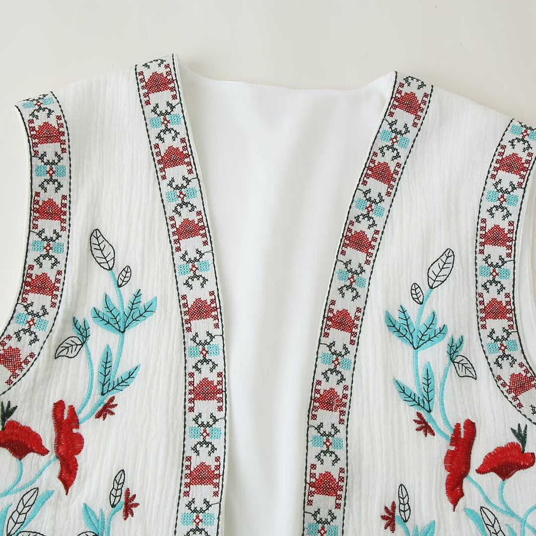 Women Embroidered Sleeveless Boho Vest with Open Cut and Floral Embroidery Amarae