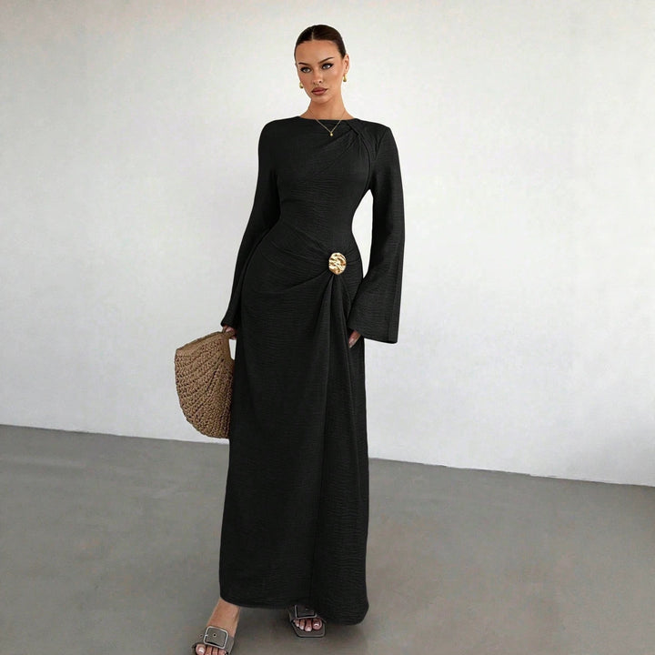 Ladies max dress with draping, decorative brooch and wide trumpet sleeves Amarae