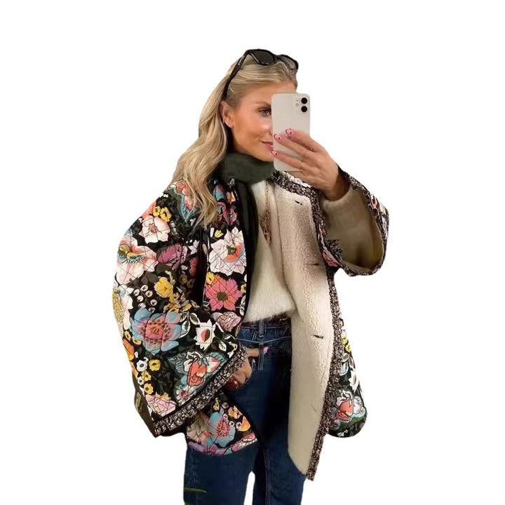 Ladies trendy quilted jacket with floral pattern Lune London