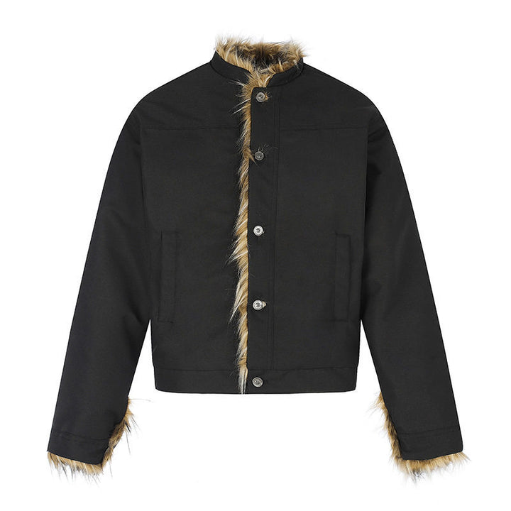Women's Short Jacket with Faux Fur Lining, Stand-Up Collar and Concealed Button Placket Amarae