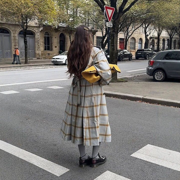 Women's long checkered coat in trench coat style with double button placket Amarae