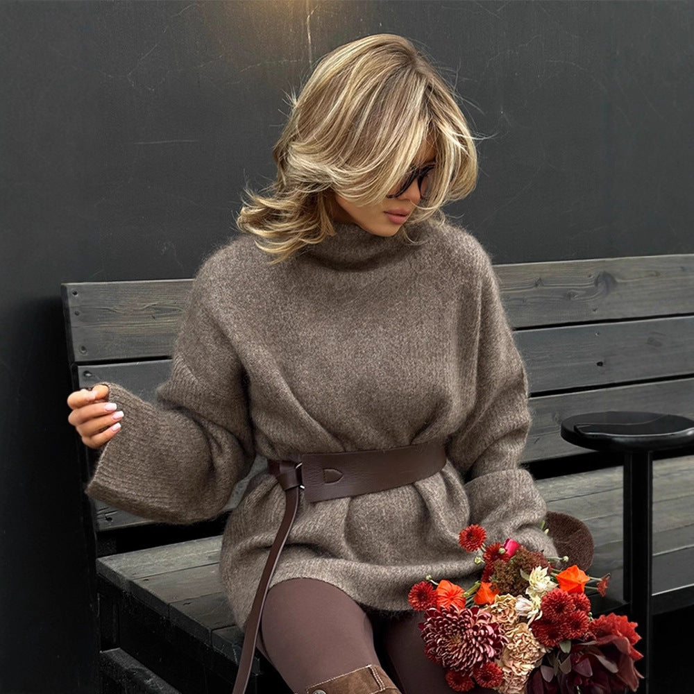 Women Oversize Mohair-Mix Roll-neck Sweater Dress with Balloon Sleeves and Waist Belt Amarae