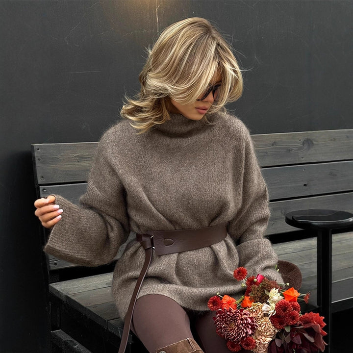 Women Oversize Mohair-Mix Roll-neck Sweater Dress with Balloon Sleeves and Waist Belt Amarae