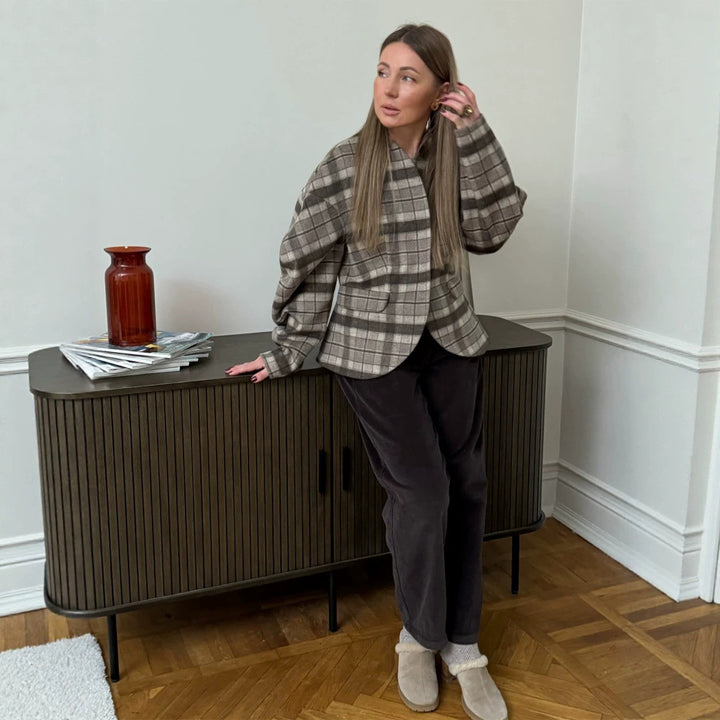 Women's Checked Boxy Blazer with Voluminous Balloon Sleeves Amarae