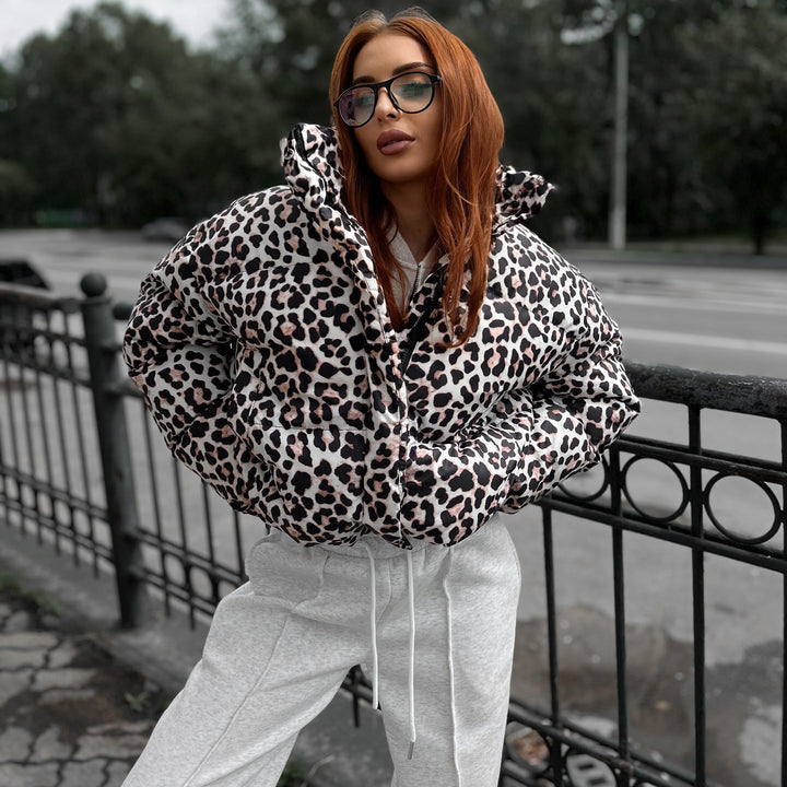 Stylish down hooded jacket for women with trendy leopard print Lune London