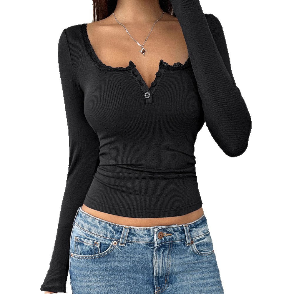 Long sleeve t-shirt for women with lace accents and a button placket Lune London