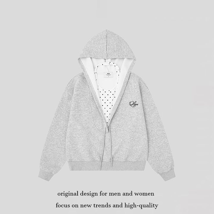 Women's Layered Hooded Jacket with Integrated Polka Dot Inner Layer and Drawstring Hood