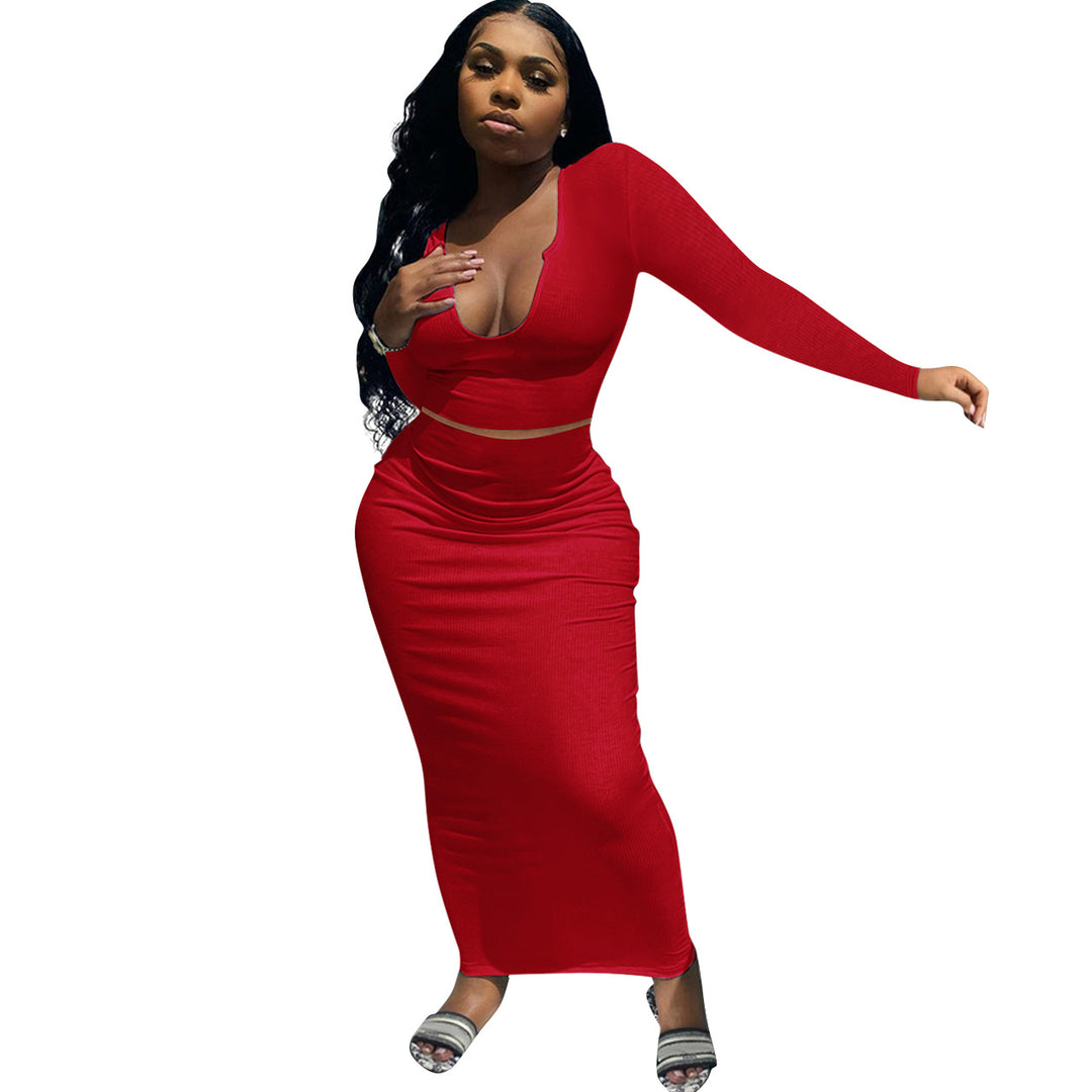 Fitted maxi dress for women with long sleeves and deep V neckline Lune London