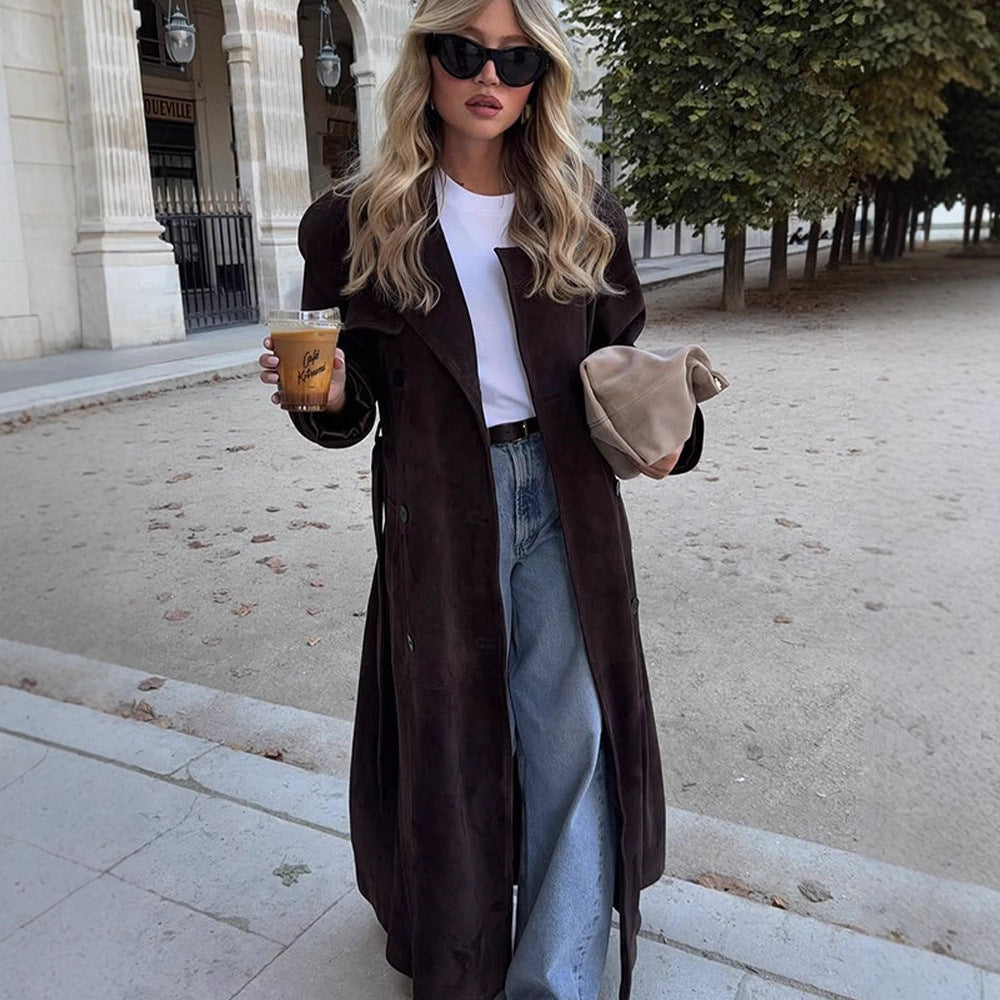 Women's Long Velvet Trench Coat with Tie Belt and Lapel Collar Amarae