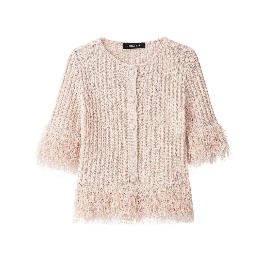 Ladies Boucle Cardigan with Fringe Sleeves and Hidden Button Placket Amarae