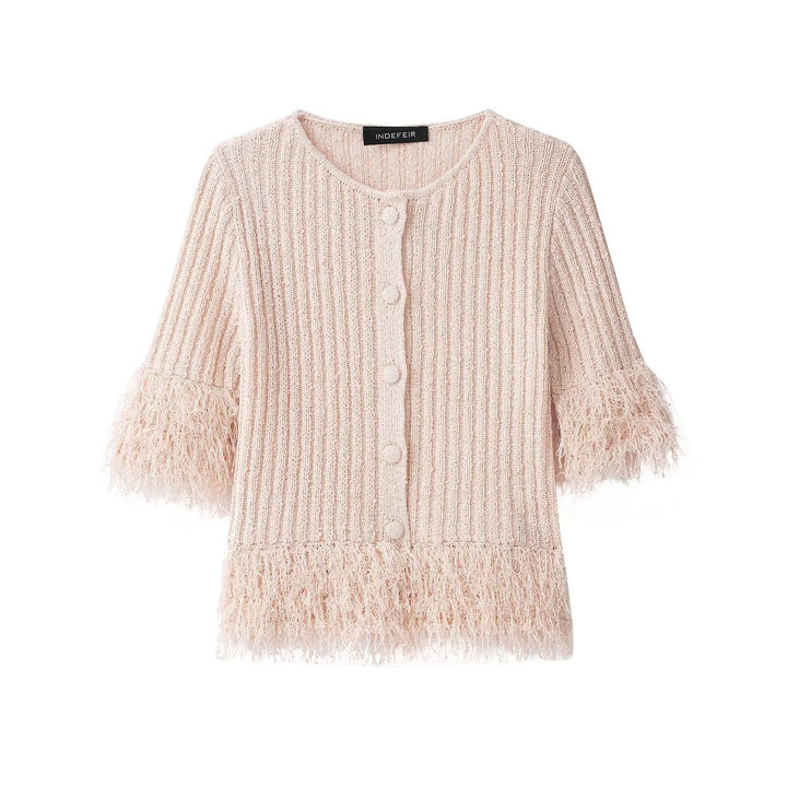Ladies Boucle Cardigan with Fringe Sleeves and Hidden Button Placket Amarae