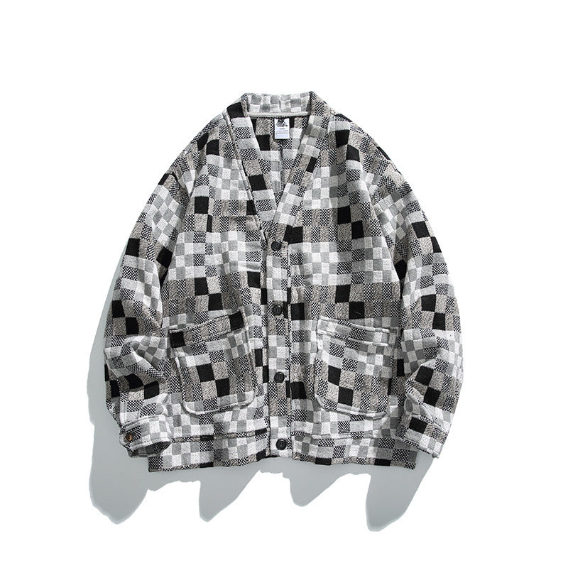 Unisex Boxy Cardigan in Patchwork Check with V-neck, snap front, and patch pockets Amarae