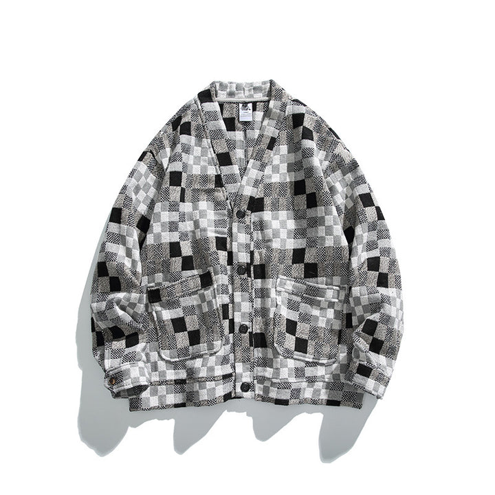 Unisex Boxy Cardigan in Patchwork Check with V-neck, snap front, and patch pockets Amarae
