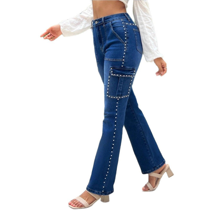 Ladies Cargo Denim Trousers with Straight Leg, Patch Flap Pockets and Bead Trim Amarae