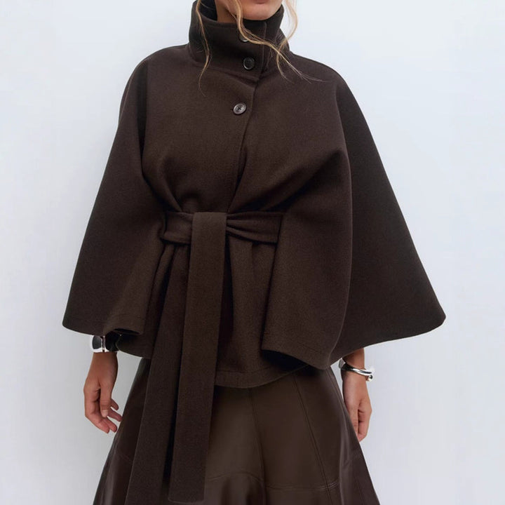 Modern wool jacket for women with high collar and belt Lune London