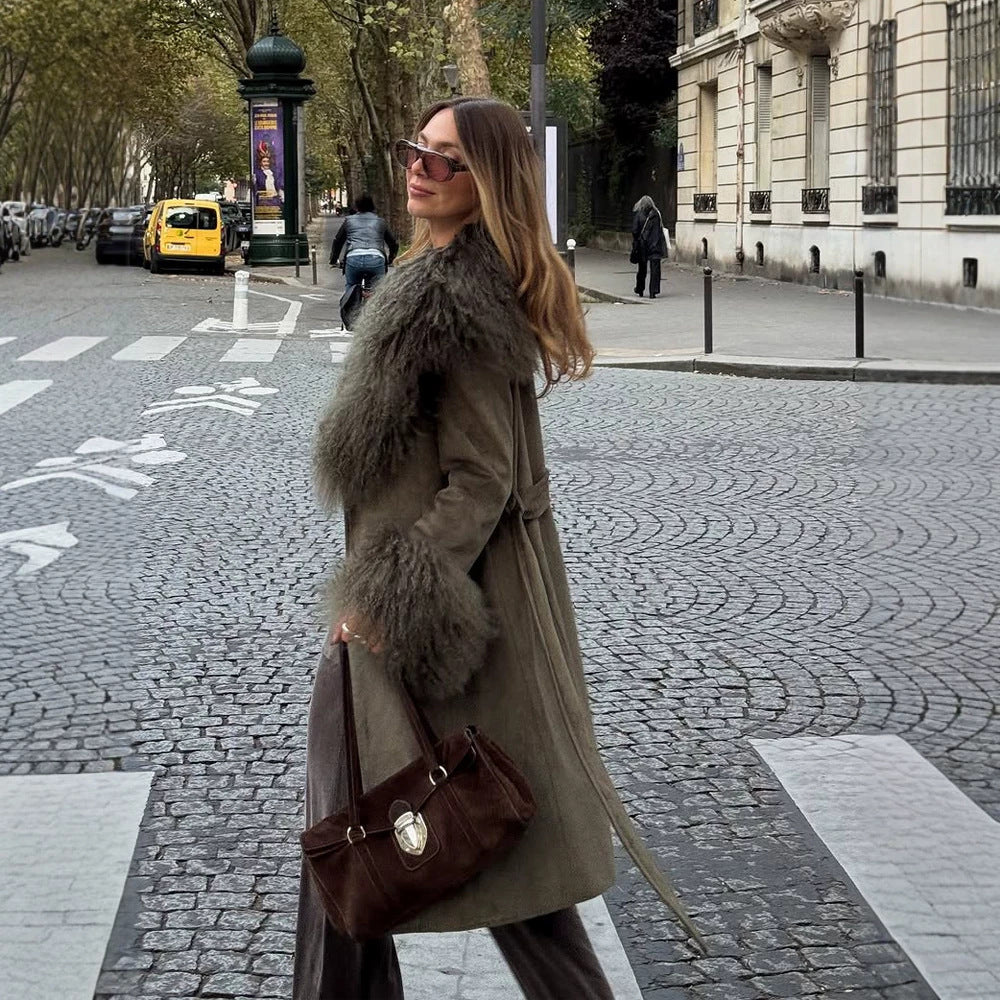 Women's Midi Length Tied Coat in Suede Look with Oversized Fur Collar and Voluminous Fur Cuffs Amarae