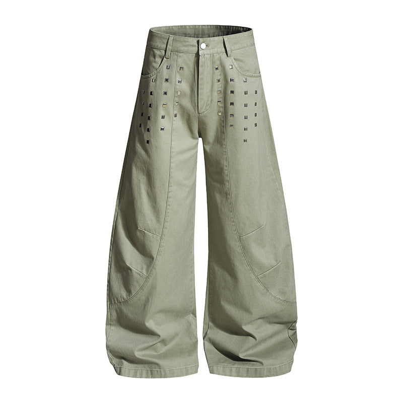 Women Wide Culotte Cargo Pants with High Waist and Metal Rivets, Low Crotch and Patch Pockets Amarae