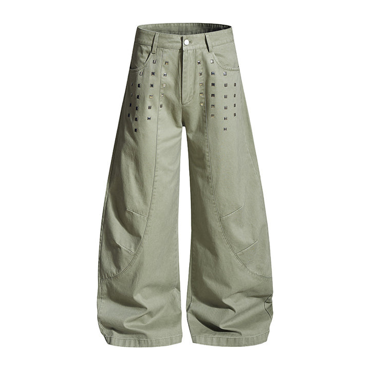 Women Wide Culotte Cargo Pants with High Waist and Metal Rivets, Low Crotch and Patch Pockets Amarae