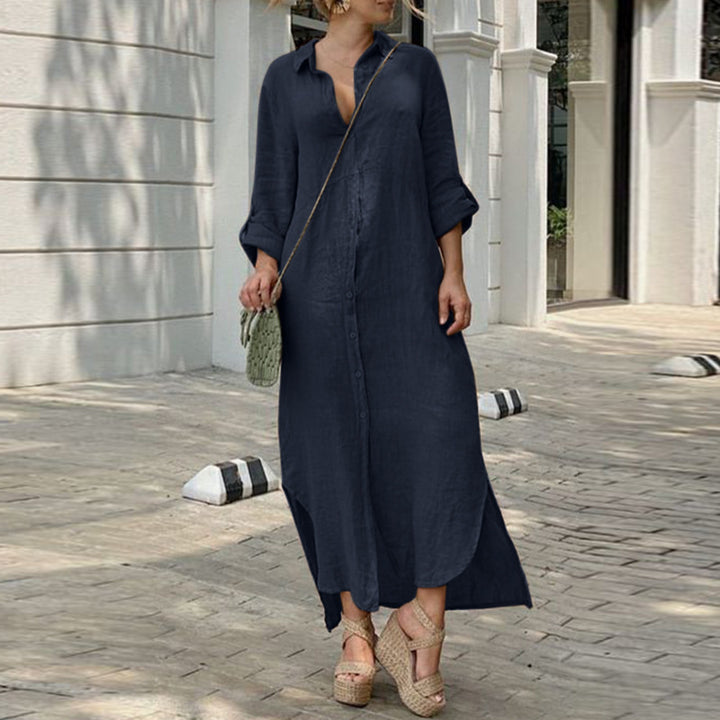 Women's button-up shirt dress with a continuous button placket, side slits, and 3/4 sleeves Amarae
