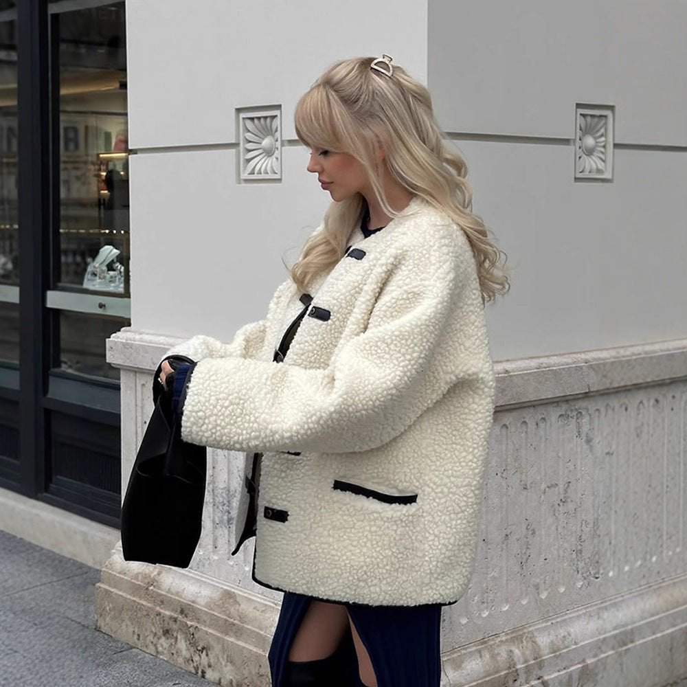 Women Boxy Teddy-Fleece Jacket with Toggle Fastenings and Contrast Edges Amarae