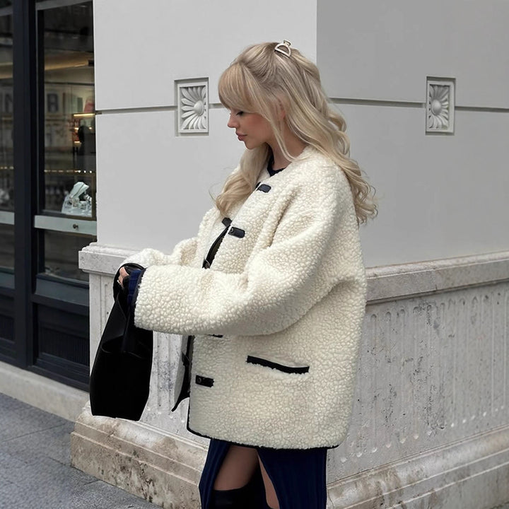 Women Boxy Teddy-Fleece Jacket with Toggle Fastenings and Contrast Edges Amarae