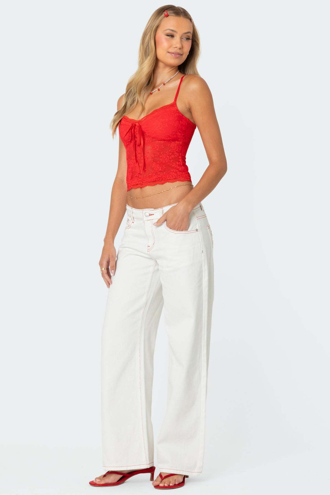 Ladies lace crop top with bow detail and adjustable straps Lune London
