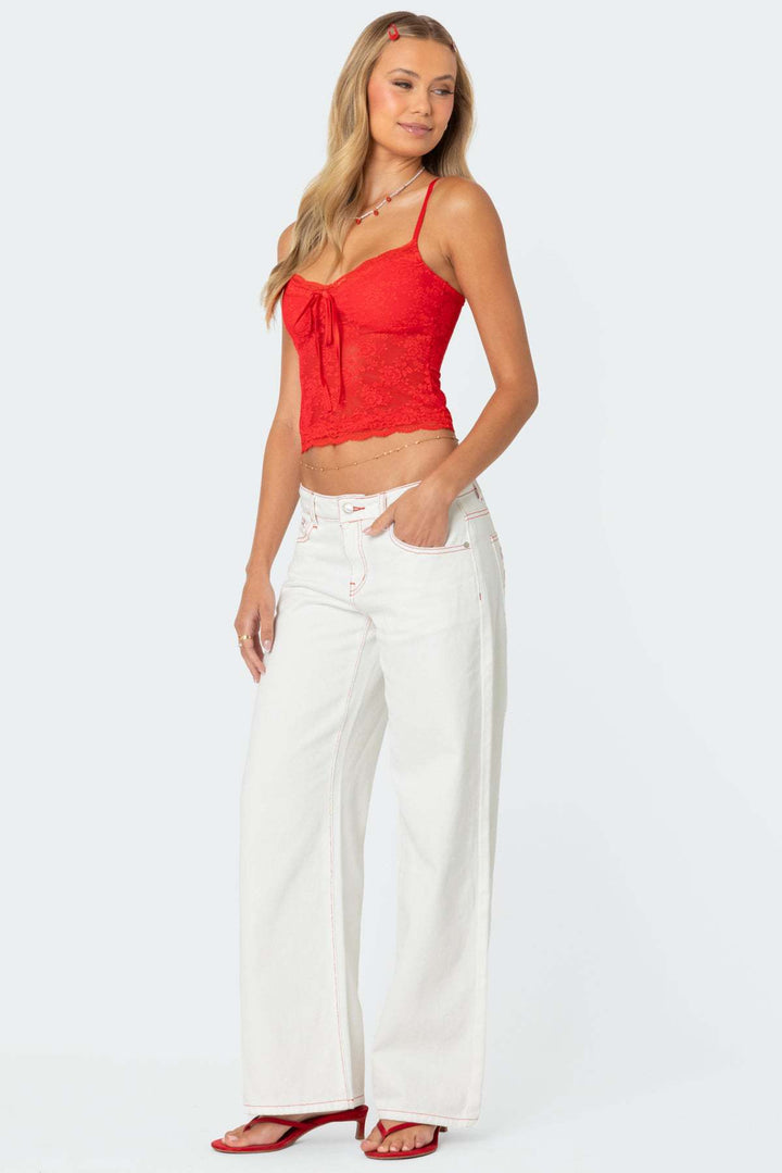 Ladies lace crop top with bow detail and adjustable straps Lune London