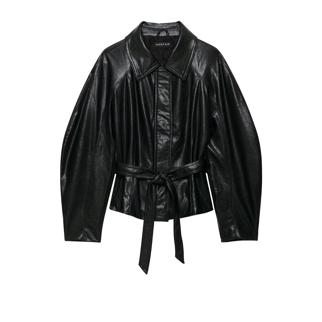 Women's short jacket made of vegan leather with a waist tie belt and dropped raglan sleeve construction Amarae