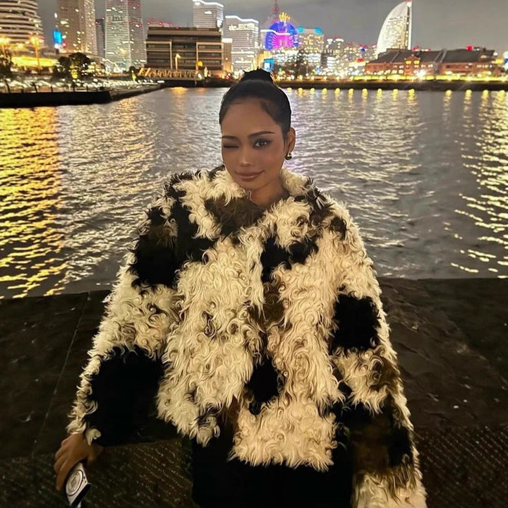 Women's Short Shaggy Faux Fur Bomber Jacket with Textured Patchwork Look Amarae