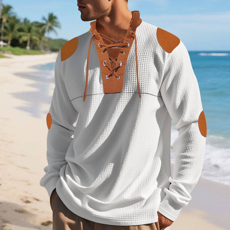 Casual long sleeve Henley shirt for men with an original lace-up design and contrasting elbow patches Lune London