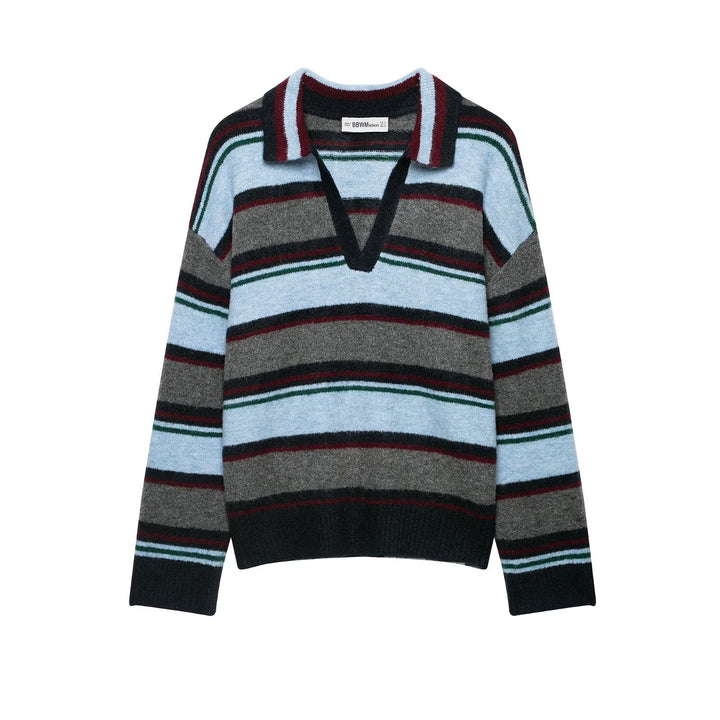 Women's Oversize Striped Sweater with Polo Collar and Deep V-Neck Amarae