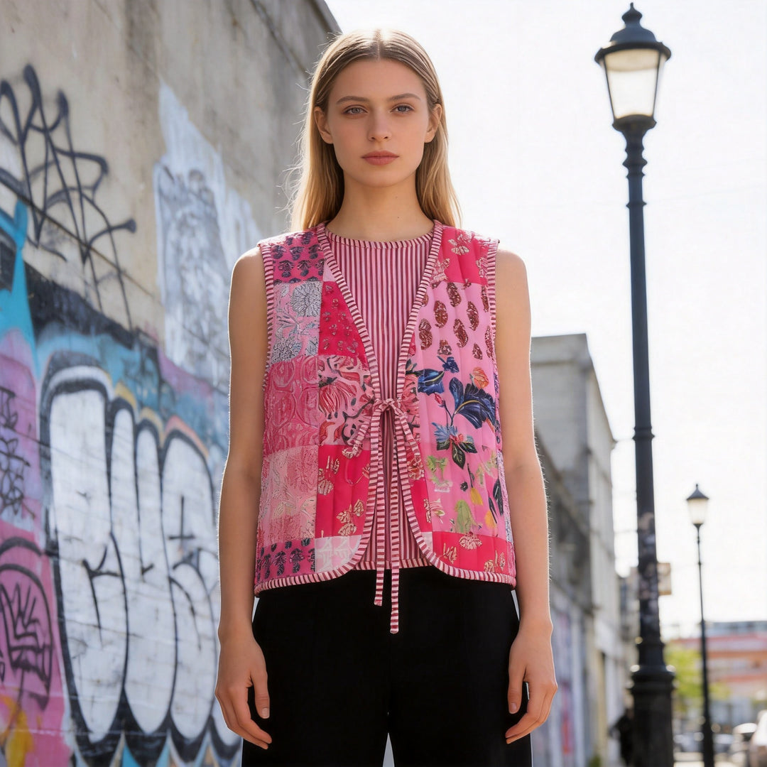 Women Patchwork Vest with V-Neck, Tie Band and Striped Lining Amarae