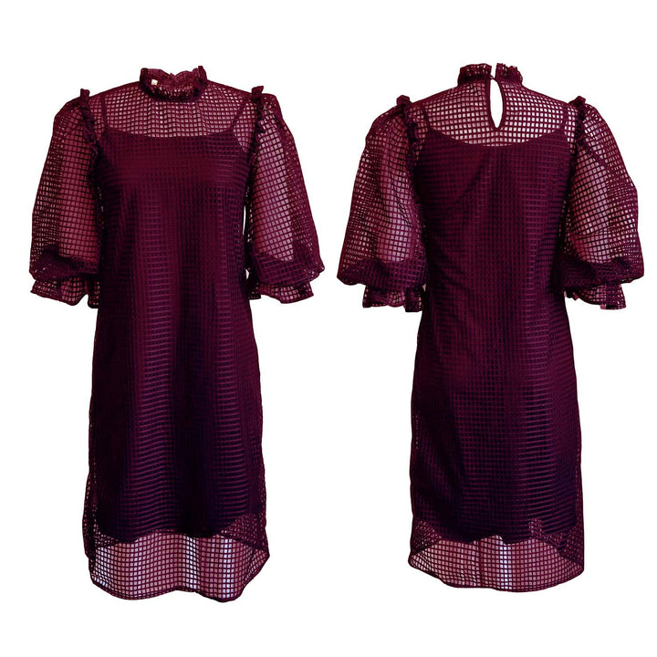 Transparent dress for women with voluminous puff sleeves and a chic check pattern.