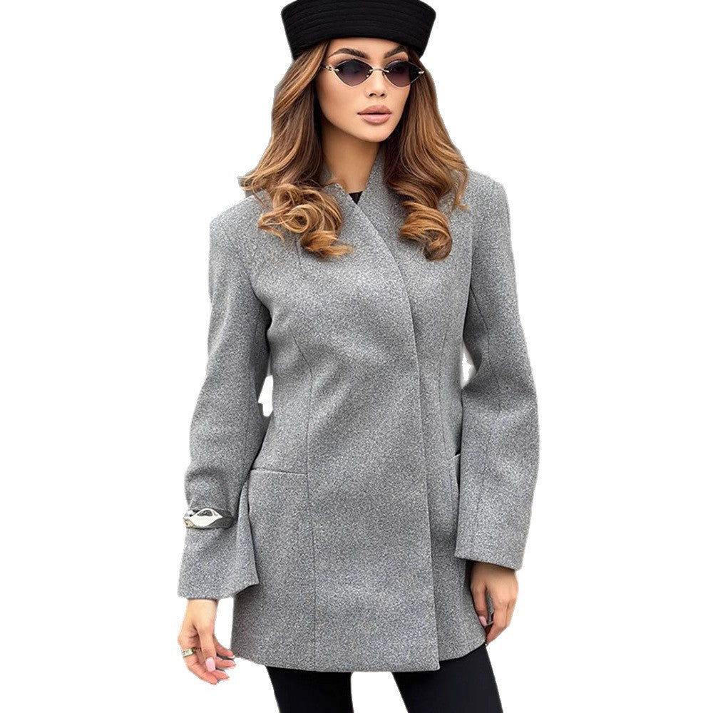 Women's Figure-Hugging Wool Blend Coat in Cocoon Cut with Concealed Button Placket Amarae