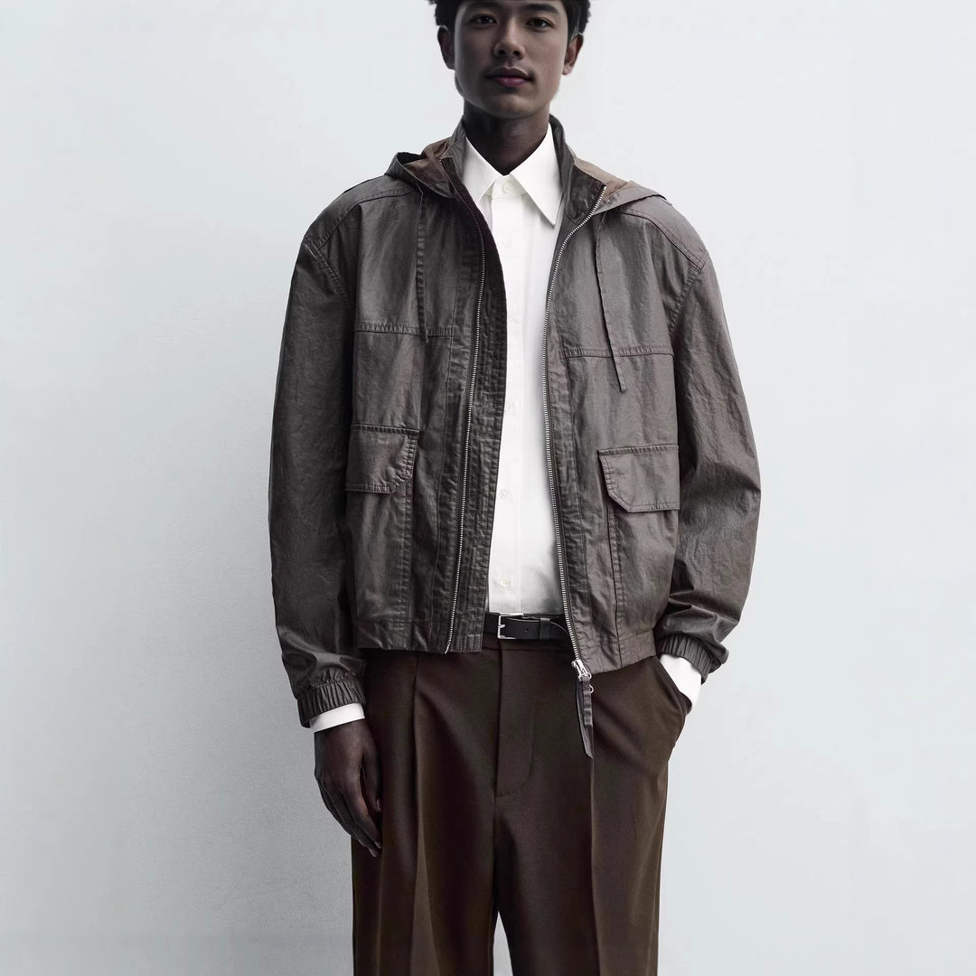 Men's Light Hooded Field Jacket with Drawstring and Flap Pockets Amarae