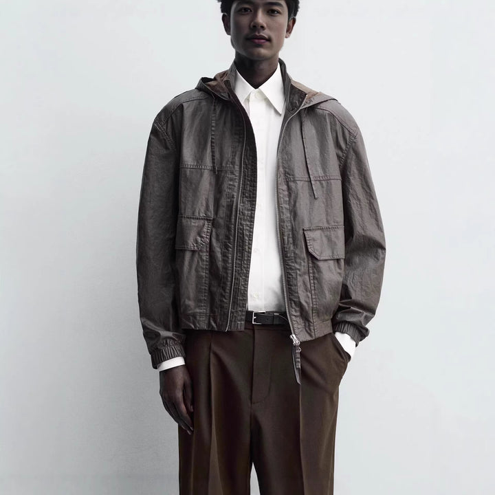 Men's Light Hooded Field Jacket with Drawstring and Flap Pockets Amarae