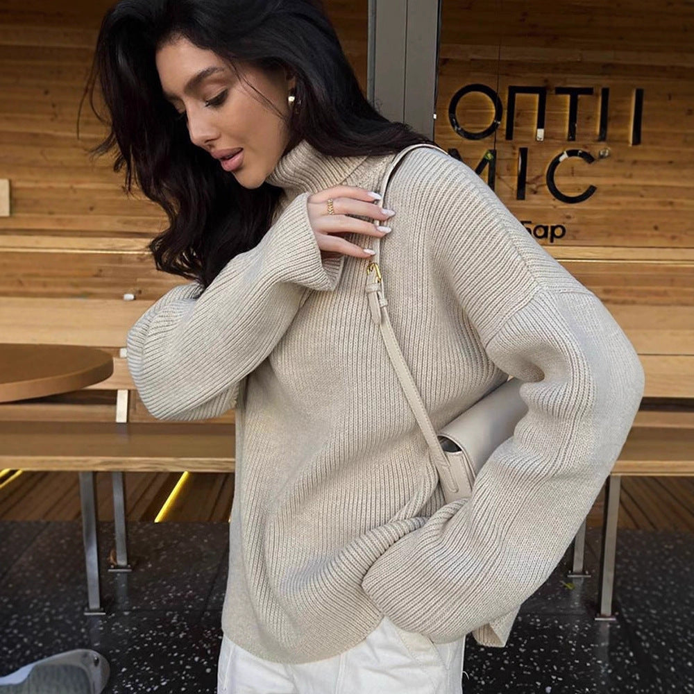 Women Oversized Ribbed Knit Turtleneck Sweater with Extended Cuff Amarae