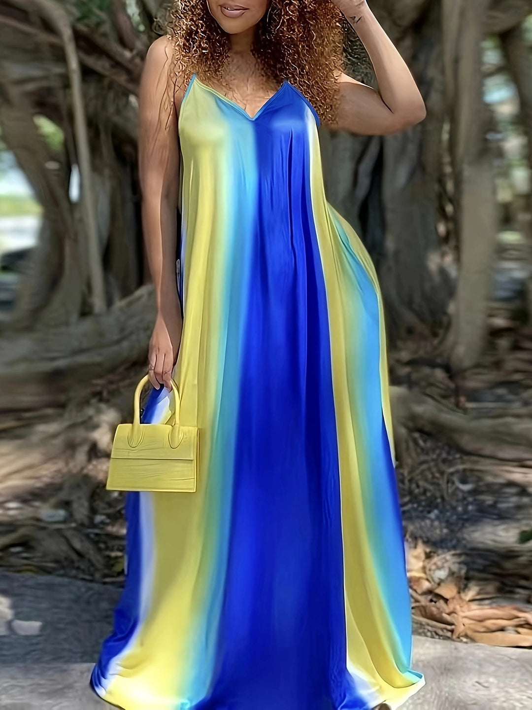 Maxi dress for women with a fluid color gradient and delicate spaghetti straps Lune London