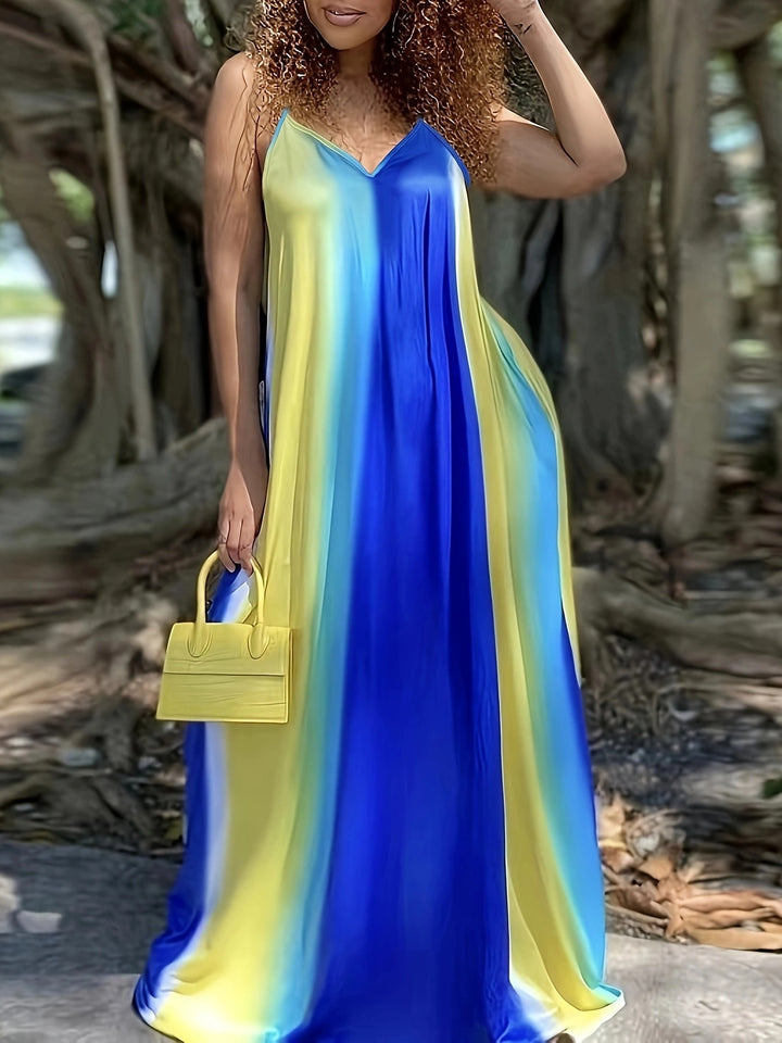 Maxi dress for women with a fluid color gradient and delicate spaghetti straps Lune London