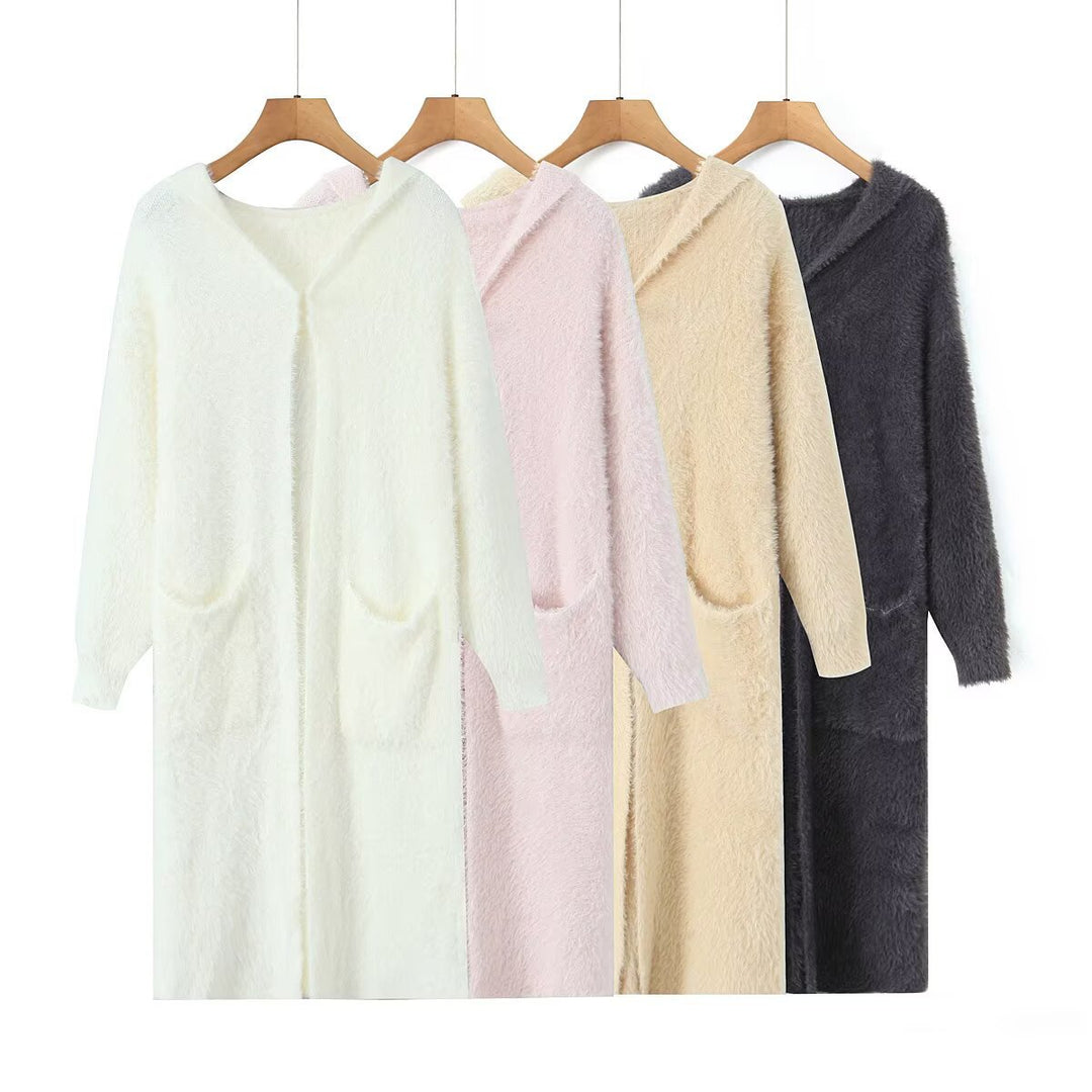 Manteau long en tricot confortable pour femmes avec capuche et poches pratiques