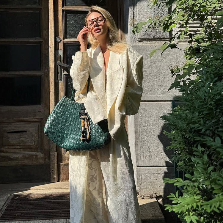 Women Two-Piece Jacquard Pants Set with Oversized Boxy Blazer and High-Cut Palazzo Pants Amarae