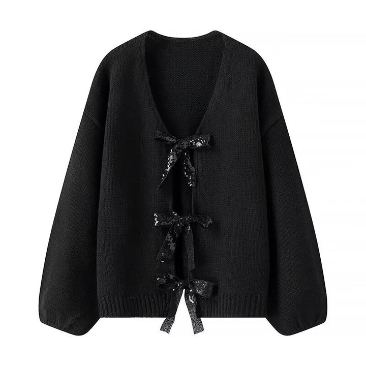 Women's Oversized Knit Cardigan with Deep V-Neck and Decorative Bows Amarae
